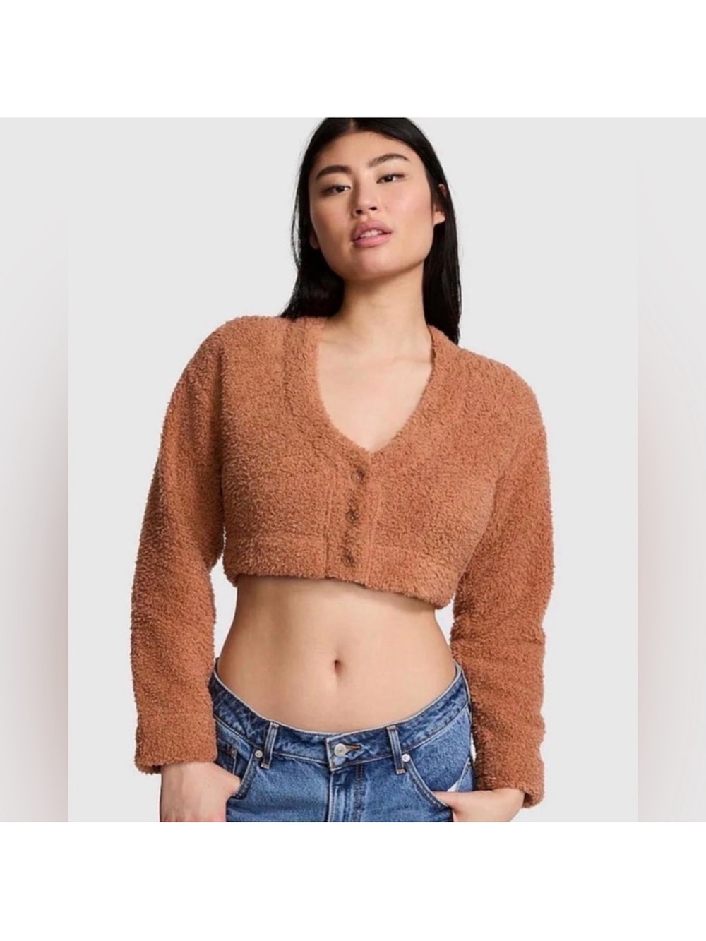 PINK Victoria’s Secret Cropped Teddy Bear Button-Front Cardigan in Camel NWT L